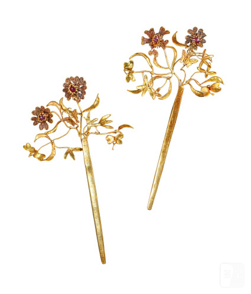 明 金嵌宝石花卉发簪一对 - 图1